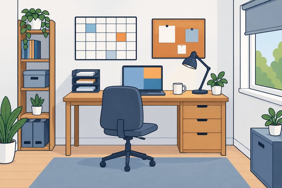 A drawing of a tidy home study: a desk with three letter trays, a laptop, a wall planner, a pinboard and a desk lamp. By night the lamp is on.